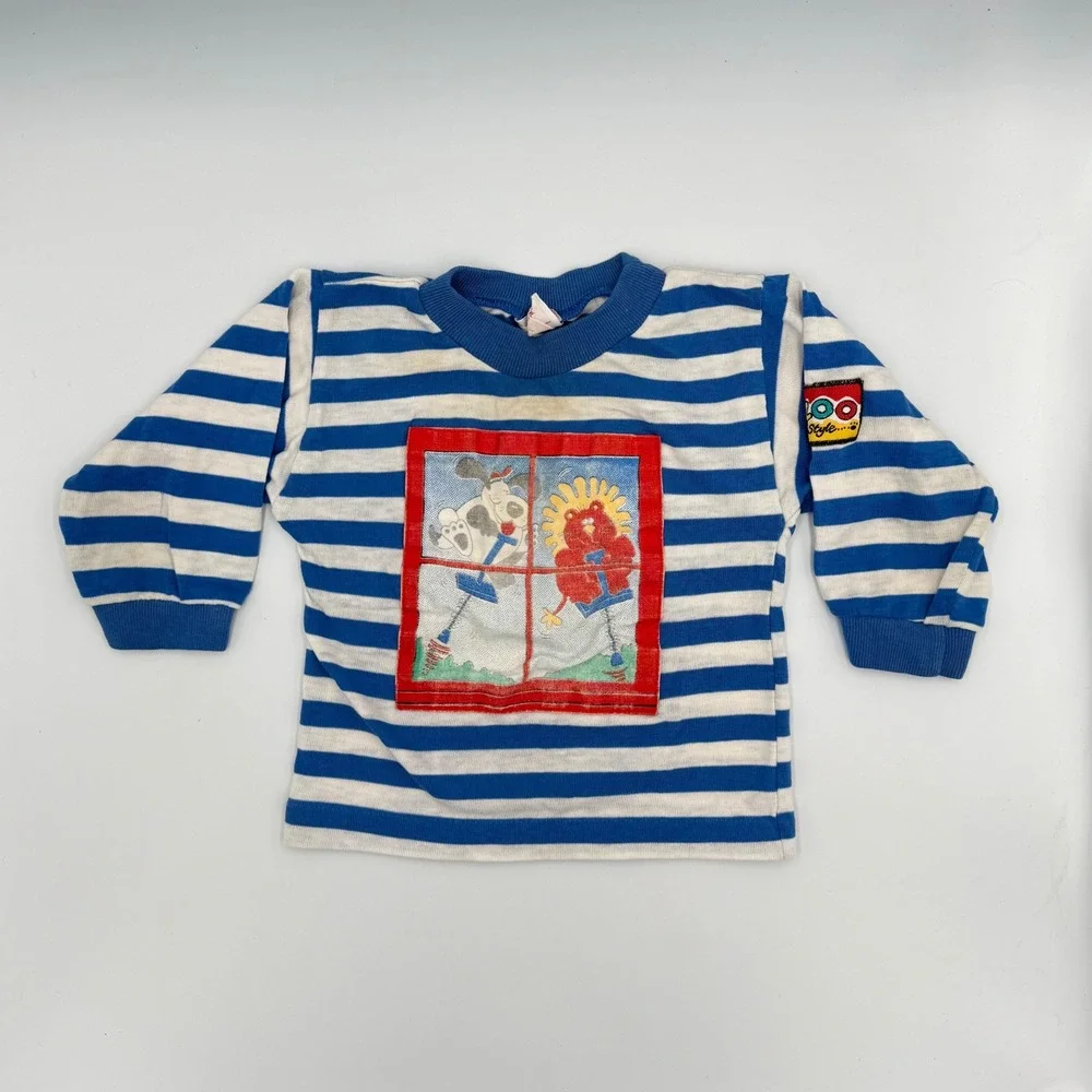 Vtg Buster Brown 18M Blue Stripe Shirt –Cartoon Window Patch, KAZOO, Made in USA